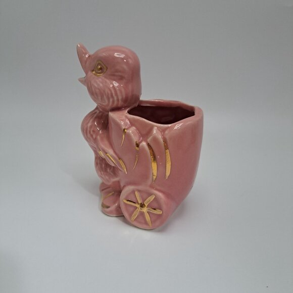 40s-50s American Pottery Pink Duck Wagon Planter Gold Gilt Ceramic BB Stamp - Picture 5 of 13